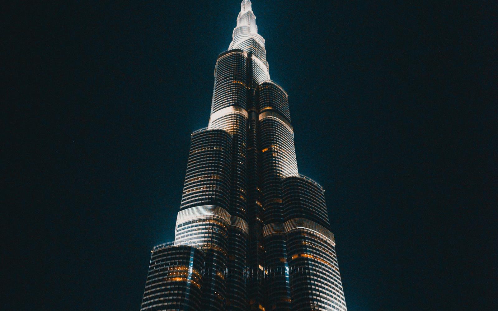 The Burj Khalifa lit against the night sky